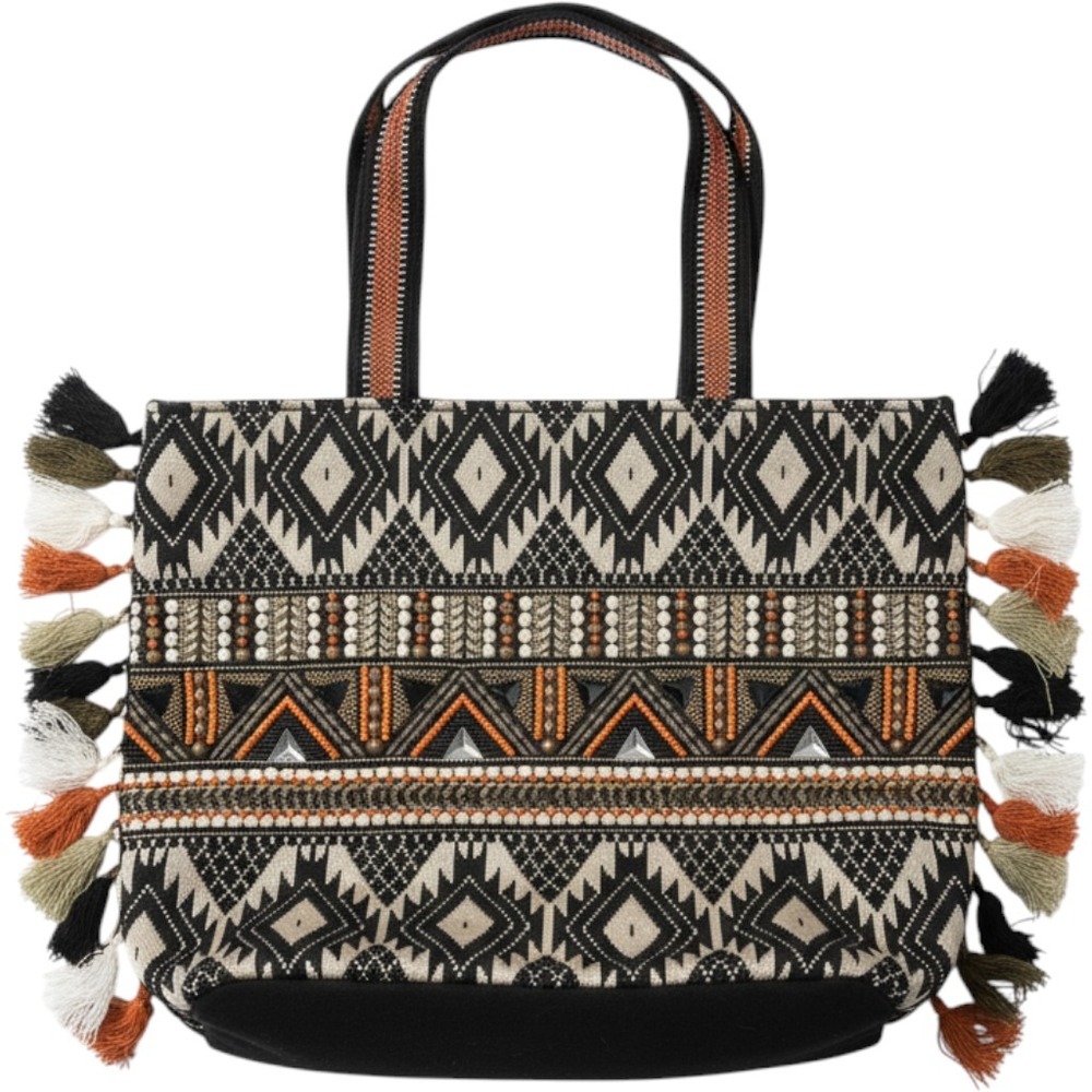 Big Buddha Boho Geometric Embroidered Tassel Tote Bag Black Orange Tribal Fringe